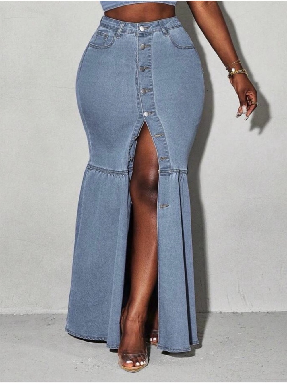 SHEIN Light Blue High-Waist Button Front Denim Mermaid Skirt - Picture 1 of 3